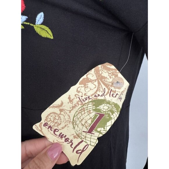 One World Floral Embroidered Boho Peasant Blouse Size S Taseled Bell Sleeve NEW - Picture 6 of 7